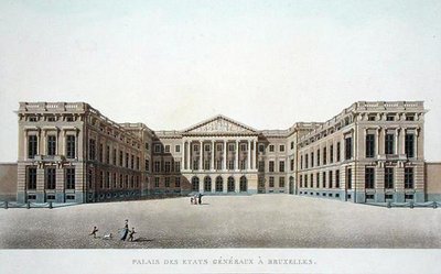 Palace of the Estates General, Bryssel, från "Val av de mest framstående monumenten, byggnaderna och husen i kungariket Nederländerna" av Pierre Jacques Goetghebuer, publicerad 1827 (akvatint) av Pierre Jacques Goetghebuer