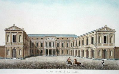 Palais Royal, Haag, från "Val av de mest framstående monumenten, byggnaderna och husen i kungariket Nederländerna" av Pierre Jacques Goetghebuer, publicerad 1827 (akvatint) av Pierre Jacques Goetghebuer