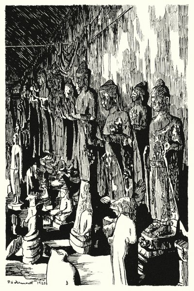 En samling Buddhas i en passage (gravyr) av Pierre Jeannerat de Beerski