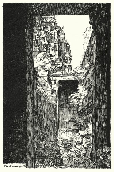 I Bayon, skymta genom ett fallen tak (gravyr) av Pierre Jeannerat de Beerski