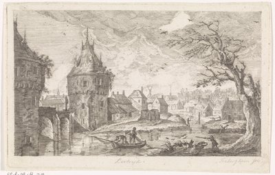 Byutsikt med fiskare av Pierre Joseph Jacques Tiberghien