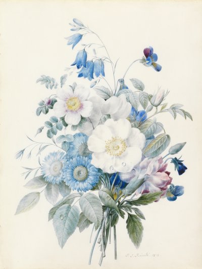 Blå asters, rosa spinosissima (hybrid), harklöver, violer, nejlika och en vildros av Pierre Joseph Redouté