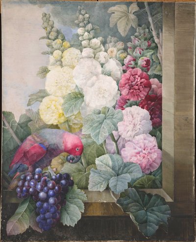 Stokrosor, vindruvor och en papegoja, 1836. av Pierre Joseph Redouté