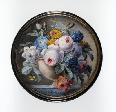 Sköldpaddsskallåda med en miniatyr av blommor i en stenvas på en marmorplatta, 1827 (wc och kroppsfärg på kort, inställd under glas i ett fäste av förgylld metall) av Pierre Joseph Redouté
