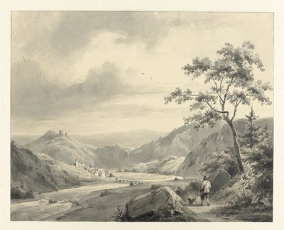Kuperat landskap med en jägare med en hund på vägen av Pierre Louis Dubourcq