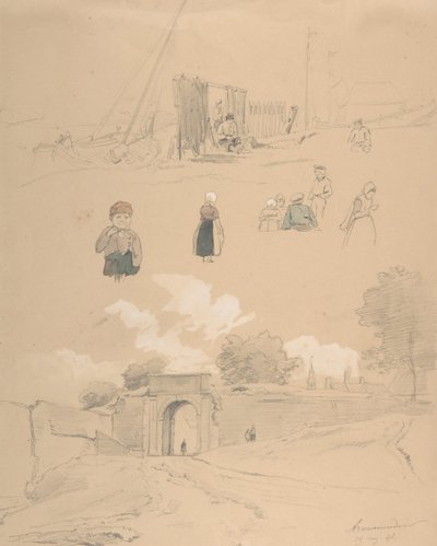 Studieblad med figurer och landskap vid Arnemuiden nära Middelburg..., mitten av 1800-talet. av Pierre Louis Dubourcq