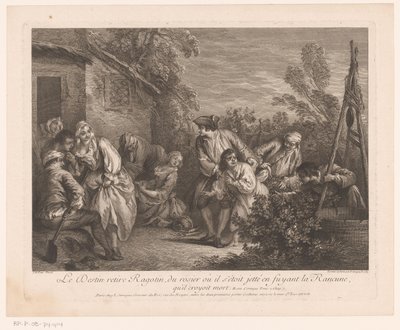 Ragotin gevlucht in en rozenstruik Ödet drar Ragotin från rosenbusken som han hade kastat sig i när han flydde från La Rancune, som han trodde var död. Scener från Roman Comique van Scarron (serietitel) av Pierre Louis Surugue