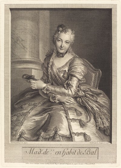 Fru de M ... i balklänning av Pierre Louis de Surugue after Charles Antoine Coypel