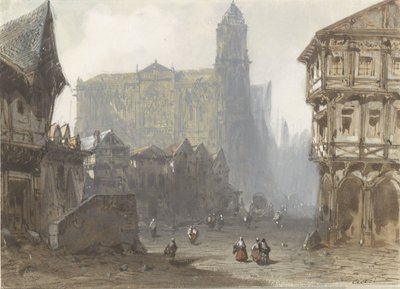 Det gamla marknadstorget i Rouen av Pierre Luc Charles Ciceri