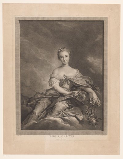 Flora på moln med blommor i handen Flore a son spak (titel på objekt) av Pierre Maloeuvre