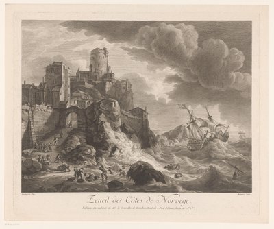 Norges kust med sjömän spolas iland Ecueil des Côtes de Norway (titel på objekt) av Pierre Maloeuvre