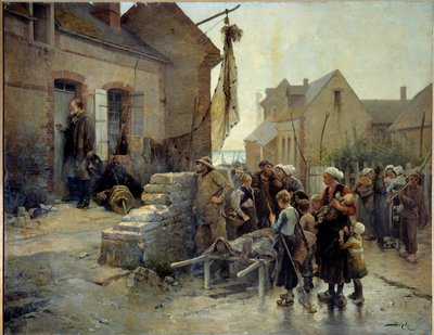Återvända från Tempete En sjöman knackar på dörren till en kvinna till en syndare som dog i ett tempet för att berätta nyheten för henne. Målning av Pierre Marie Beyle (1838-1902) Fecamp från 1800-talet, Museum of the Newfoundland av Pierre Marie Beyle