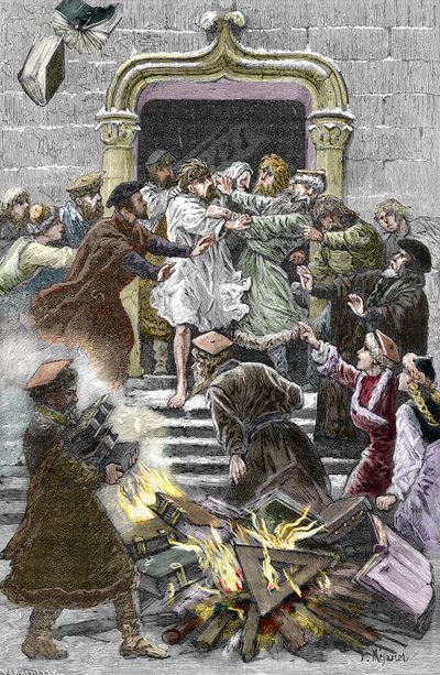 Socinianism och lilla polska kyrkan: invånarna i Krakow bränner verken av Faustus Socinus (Faust Socin eller Fausto Sozzini) (1539-1604) på det offentliga torget och tvingar honom att delta i autodafe 1598 (Socinianism och polska bröder: bränningen av av Pierre Mejanel