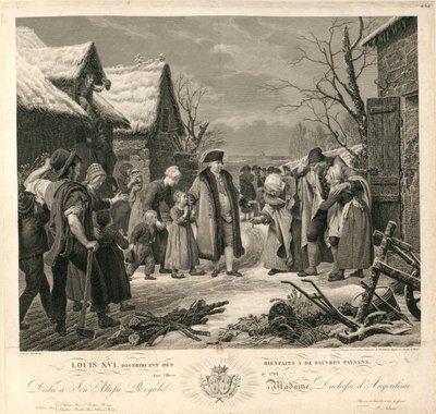 Ludvig XVI delar ut allmosor till de fattiga bönderna vintern 1788, ca. 1817. av Pierre Michel Adam