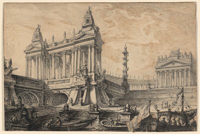 Arkitektonisk fantasi om en magnifik gammal hamn av Pierre Moreau