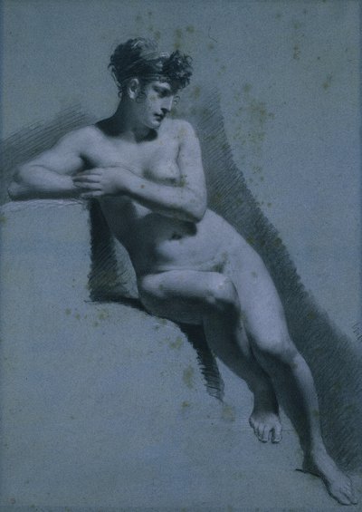 Studie av en naken kvinna, sittande tittar åt höger (recto) av Pierre Paul Prud
