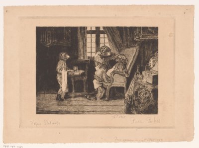 Satirisk skildring av apor som tandläkare, assistent och patient av Pierre Peeters (signed by artist)
