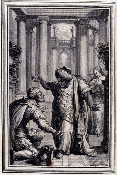 Den lilla hunden som skjuter pengar och stenar - i "" Sagor och noveller på vers"" av Jean La Fontaine. 1776. Illustration av P.P. Choffard. av Pierre Philippe Choffard