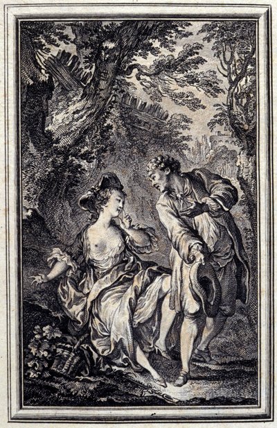Löfte är ett, och hålla är ett annat. I "" Tales et nouvelles en vers"" av Jean de La Fontaine, Amsterdam 1776. illustrerad av P.P.Choffard. av Pierre Philippe Choffard