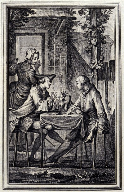 öronmätaren eller musselskrämaren. I "Tales et nouvelles en vers" av Jean de La Fontaine, Amsterdam 1776, illustrerad av P.P.Choffard. av Pierre Philippe Choffard