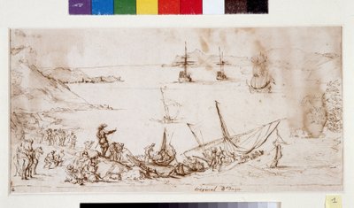 Bording av trupper i bukten i Ciotat (bläck och penna på papper) av Pierre Puget
