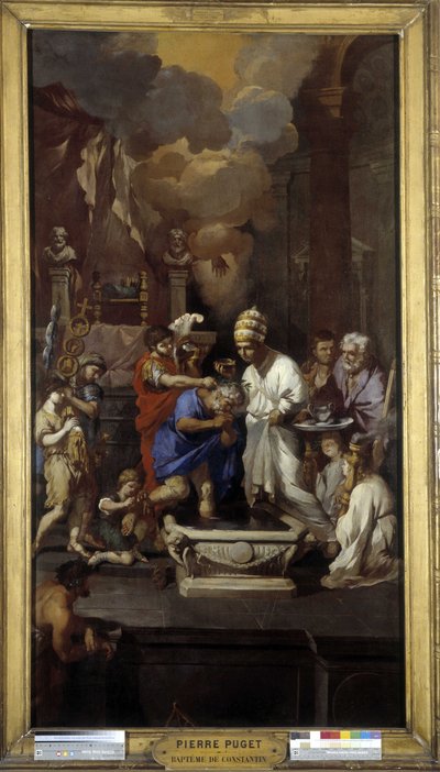 Konstantins dop: Kejsar Caius Flavius Valerius Aurelius Constantinus tar emot sakramentet av påven Sylvester I (Saint), i Johanneskyrkan i Lateranen i Rom av Pierre Puget