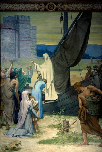 Sainte Genevieve försörjer parisare som belägrats av armén av Attila, hunnernas kung. Fresk av Pierre Puvis De Chavannes (1824-1898) 1800-talets Paris. Pantheon av Pierre Puvis de Chavannes