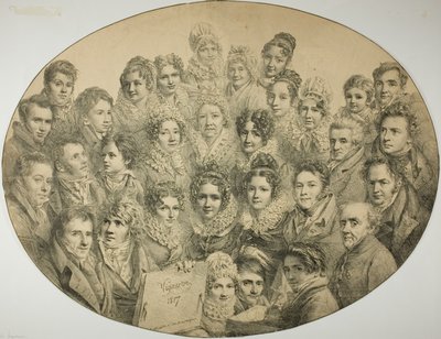 Porträtt av 31 personer i en oval av Pierre Roch Vigneron