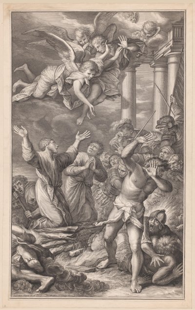 Cosmas och Damianus brann på bål, omgivna av soldater och änglar av Pierre Simon (I)