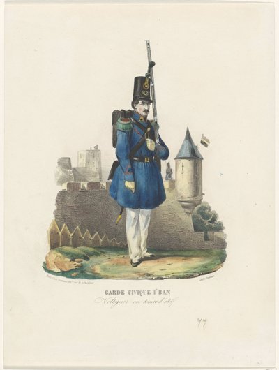 Belgiska burgerwacht op wacht, 1830 Civic Guard 1st Ban / Voltigeur i sommarklänning (titel på objekt) av Pierre Simonau