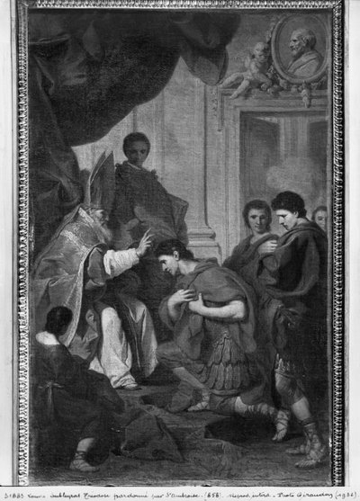 Kejsar Theodosius I den store tar emot benådningen av St. Ambrosius, ärkebiskop av Milano, ca 1745 av Pierre Subleyras