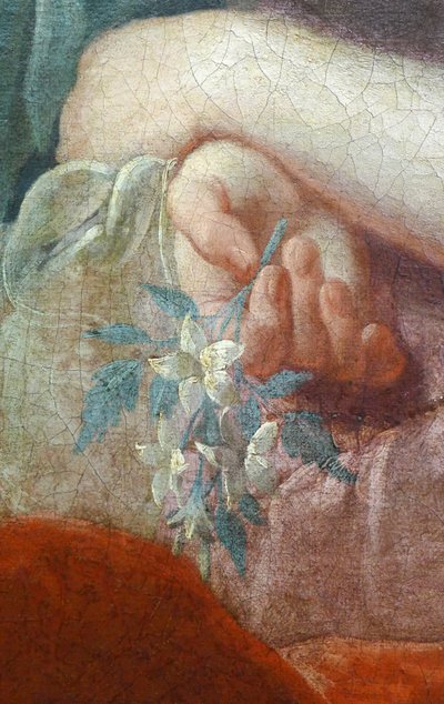 Hand av en ung kvinna som håller en blommande gren. Detalj av porträtt av Madame Poulhariex och hennes dotter, omkring 1728 (olja på duk) av Pierre Subleyras