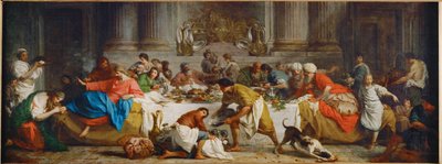 Le repas chez Simon. Måltiden i Simons hus. Martha häller olja över Kristi fötter och torkar dem med sitt hår ... av Pierre Subleyras