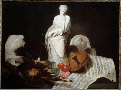 Attributen av konstpaletten av målare, fiol, partitur, skulptur. Målning av Pierre Subleyras av Pierre Subleyras