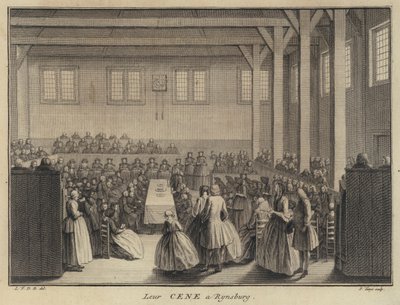 Herrens nattvard i en kollegiansk kyrka i Rijnsburg, Nederländerna (gravyr) av Pierre Tanje