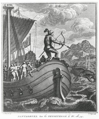 Pantagruel dödar Physeter, illustration från "Gargantua and Pantagruel", av François Rabelais av Pierre Tanje
