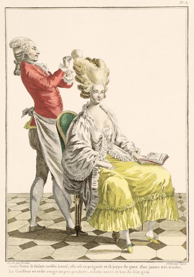 En ung kvinna i peignoir med sin frisör, tavla 31 från Galerie des Modes et Costumes Francais, graverad av Dupin, 1778. av Pierre Thomas Le Clerc