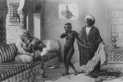 En ung flicka från Timbuktoo som erbjuds av en slavmästare i Tripoli 1854, från "Voyages au Soudan et dans L"Afrique Septentrionale", graverad av A. Adam, 1850 av Pierre Tremaux