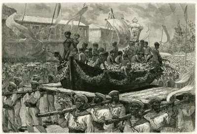 Processionen av Cirio på alla helgons afton, religiös och populär, bilden av Jungfrun transporteras genom hela staden på kanoten av ett skepp som försvann 1793, som de överlevande erbjöd ex-voto Mirakulösa Jungfrun. Gravyr av av Pierre Vignal