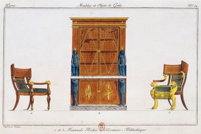 Fåtöljer och biblioteksskrivbord, tallrik 12, illustration från Collection de meubles et objects de gout (Samling av möbler och smakföremål) av Pierre de La Mesangere