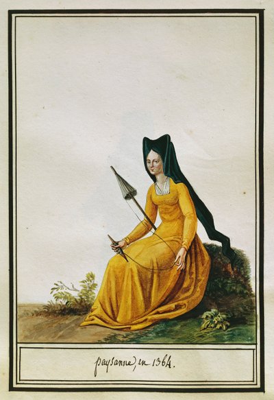 Fransk bonde som spinner, av Pierre Antoine Leboux de La Mesangere (1761-1831), akvarell av Pierre de La Mesangere