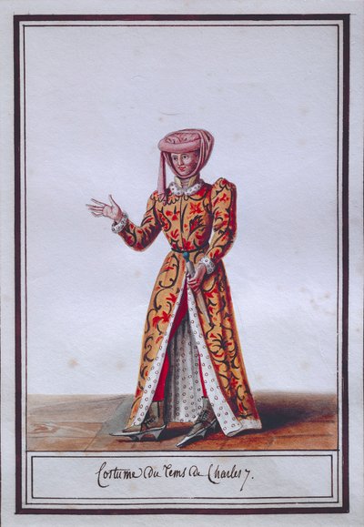 Dammodeskylt föreställande Karl VII:s tidsdräkt (1403-1461), av Pierre Antoine Leboux de La Mesangere (1761-1831), akvarell av Pierre de La Mesangere