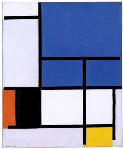 Komposition med stort blått plan, rött, svart, gult och grått av Piet Mondrian