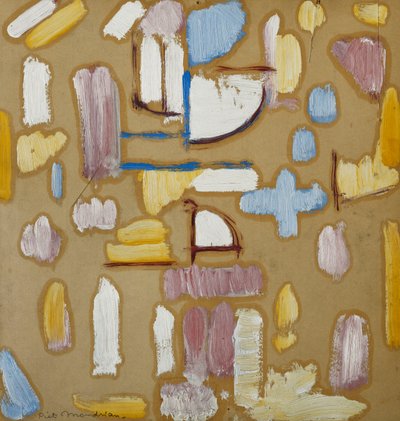 Komposition med rosa, blått, gult och vitt (kyrklig fasad), ca 1912 (olja ombord) av Piet Mondrian