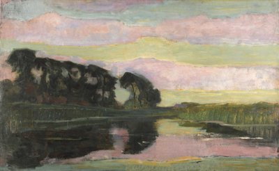 Flodlandskap med rosa och gulgrön himmel, ca 1907-1908. av Piet Mondrian