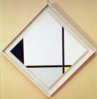 Tableau nr I: Ruter med tre linjer och blått, grått och gult. av Piet Mondrian