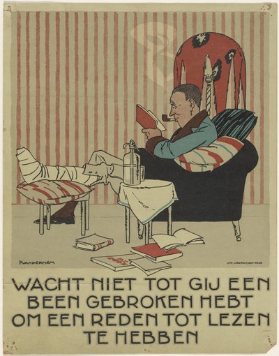 Man läser med brutet ben i fåtölj Kampanj för att marknadsföra boken (serietitel) av Piet van der Hem