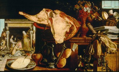 ""Vanitas et Christ chez Marthe et Marie"" (Fåfänga stilleben (Kristus i huset av Martha och Maria) Peinture de Pieter Aertsen (1508-1575) - 1552 - Olja på trä Dim 61,5x101 cm Art History Museum, Vienne av Pieter Aertsen
