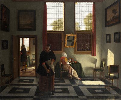 Interiör med målare, läsande kvinna och sopande piga, ca 1665-70 (olja på duk) av Pieter (1623 82) Janssens