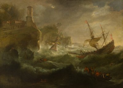 Ships Foundering off a Rocky Coast, ca 1657-1701 (olja på duk) av follower of Pieter Mulier